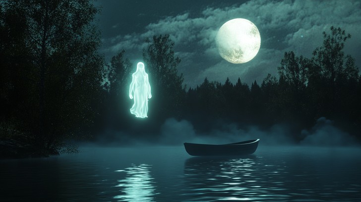 A mystical moonlit lake setting ideal for autumn night tales.