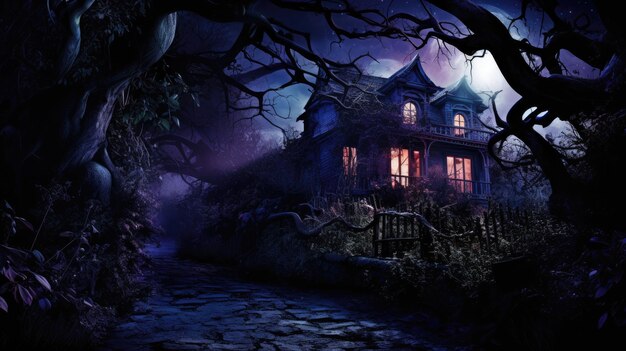 A photo of a haunted house with overgrown vines illuminated by eerie moonlight, enhancing its haunting allure.