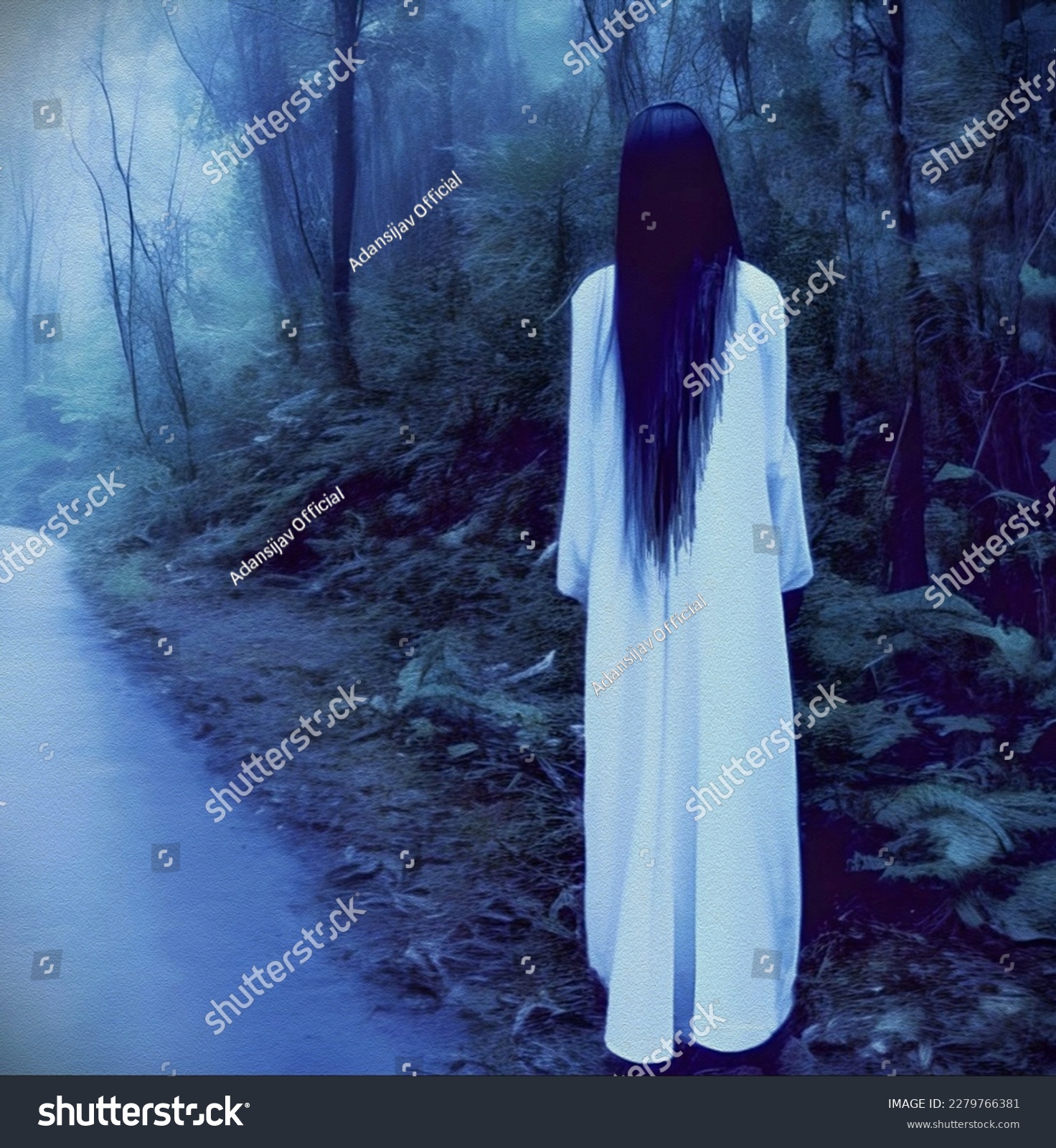 An evocative image depicting a woman in a ghostly representation of the Kuntilanak in a forest setting, capturing the eerie atmosphere.