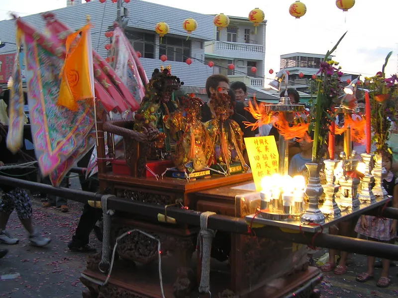 An altar setup for worship during the Hungry Ghost Festival, adorned with offerings.