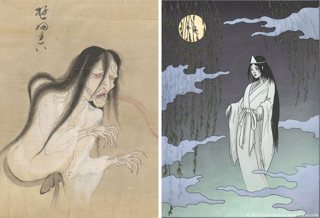 Portrayal of a Yurei, reflecting the blend of beauty and horror epitomized in ghost tales.