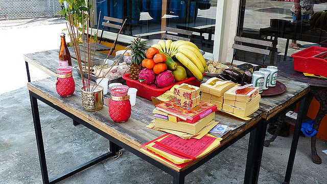 An offering table set for the Hungry Ghost Festival