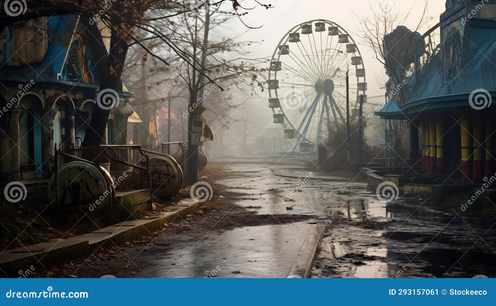 Eerie post-apocalyptic scene of an abandoned theme park, symbolizing the haunting echoes of Mimaland.