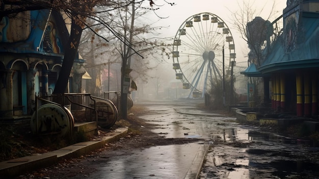 Eerie atmosphere of an abandoned theme park, reflecting the haunting legacy of Mimaland.