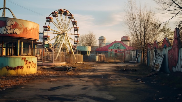 Abandoned theme park with a prominent Ferris wheel, emphasizing the tragic history of Mimaland.