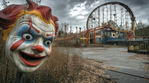 Atmospheric depiction of an eerie deserted theme park, representing the journey of memories at Mimaland.