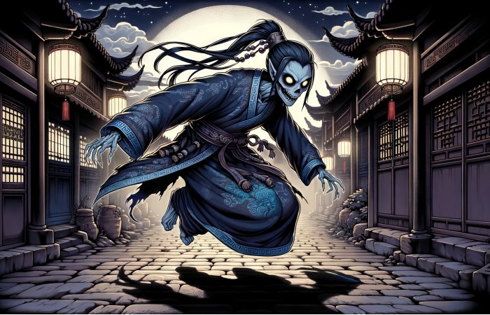 A depiction of a Jiangshi, the terrifying reanimated corpse of Chinese folklore amidst a dramatic setting.