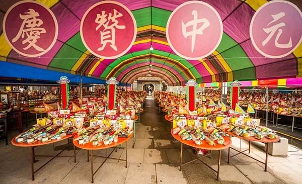 A vibrant lantern display during the Hungry Ghost Festival in Taiwan, representing the spirits honored during Ghost Month.