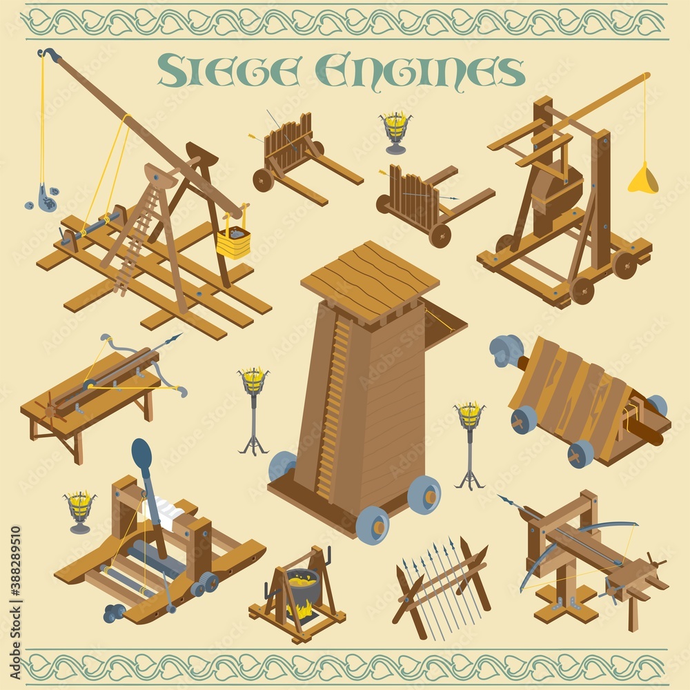 Poster, Print Medieval and Roman siege engines and war machines battle in isometric vector ill