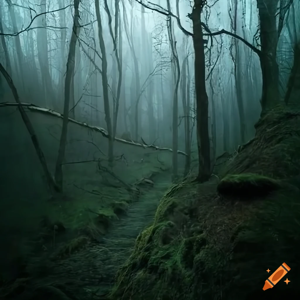 Abandoned village in a dense forest with dark and eerie atmosphere