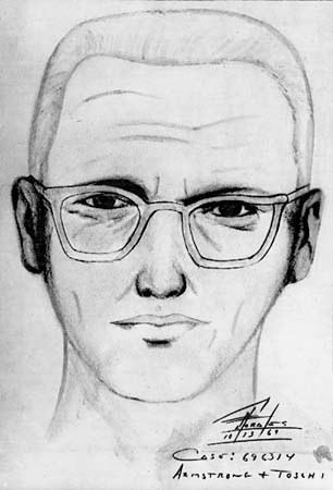 Zodiac Killer's infamous police sketch and symbol